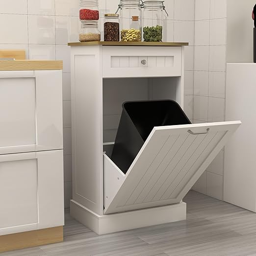 RASOO Tilt Out Trash Cabinet Wooden Freestanding Dog Proof Single Door 10 Gallons with Drawer Trash Can Cabinet