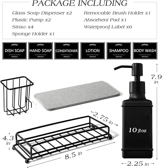 VIMERPA Dish Soap Dispenser with Adjustable Sponge Holder, 10 fl oz Kitchen Hand and Dish Soap Dispenser Set, Matte Black Bottle and Vintage Design