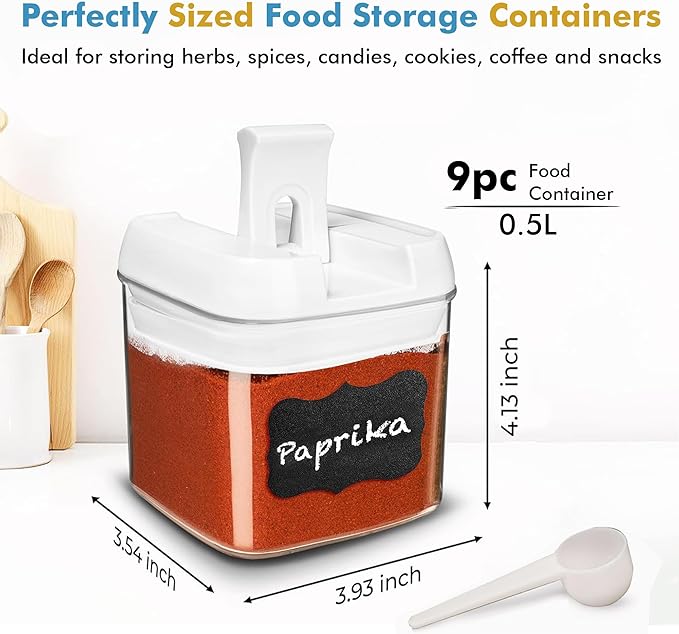 Shazo 9 PC Airtight Food Storage Containers - BPA Free Clear Plastic Snack & Spice Containers with Easy Lock Lids - Kitchen and Pantry Organization for Herbs, Coffee, Tea - 0.5L / 2.1 Cups