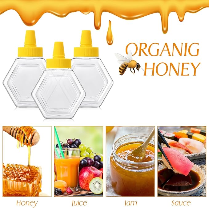 Ziliny 32 Pcs 7 oz Honey Squeeze Bottle Plastic Empty Beehive Bottle Jar with Spout Lid Clear Refillable Honey Containers for Condiment Storing and Dispensing Dispenser (Hexagon)