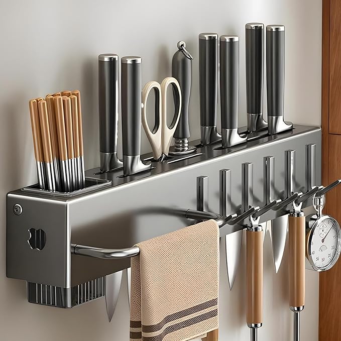 Utensil Holder – Kitchen Wall Organizer | No-Drilling Wall Mount Cutlery Storage Rack With Hooks, Towel Hanger For Spatula, Spoon, Mug & Kitchen Accessories Organization And Space Saving