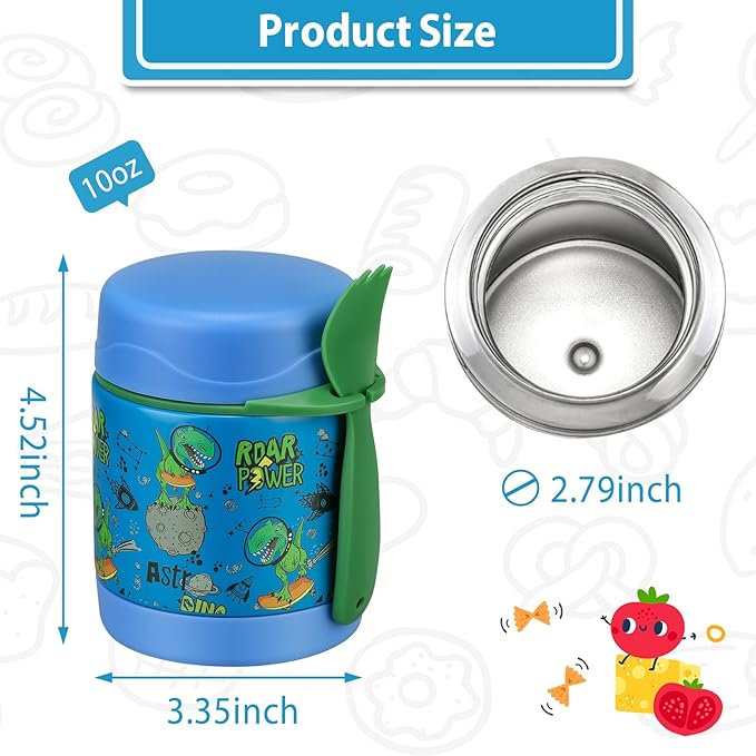 Howeemo 10oz Soup Thermo for Hot Food Kids,Lunch Thermo Kids Food Jar with Spoon Hot Insulated Food Containers,Leak Proof Stainless Steel Wide Mouth Lunch Food Thermo Jar for School(Blue-Dinosaur)