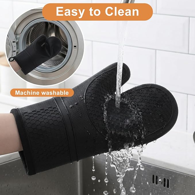 6 Pcs Oven Mitts and Pot Holders Sets for Kitchen, Extra Long Silicone Oven Gloves High Heat Resistant 500 Degrees Non-Slip Potholders Hot Pads for Baking Cooking (Black)
