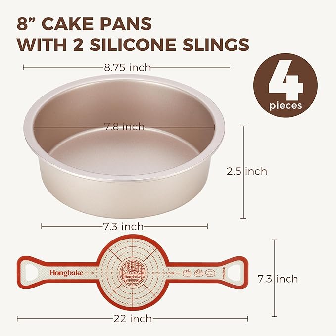 HONGBAKE 8 Inch Round Cake Pan Set for Baking with 2 Pcs Silicone Baking Sling Mats, Nonstick Circle Cake Pans Set of 2, 2.5" Deeper Layer Cake Tin for Oven, Cheesecake Mold, Huty Duty, Golden