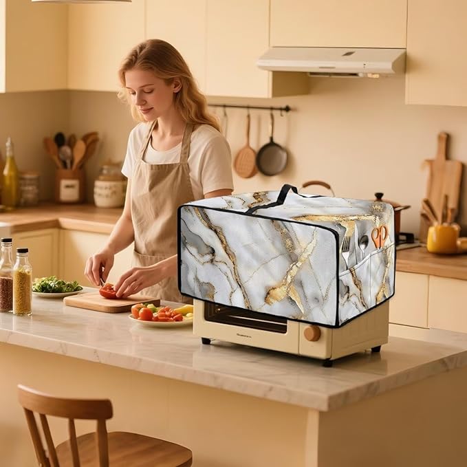 Toaster Oven Dust Cover with Storage Pockets, Protective Decorative Smart Oven Cover for for Kitchen Countertop, M, 16.5 x 20.5 x 10 inches, White Gold Gray Marble