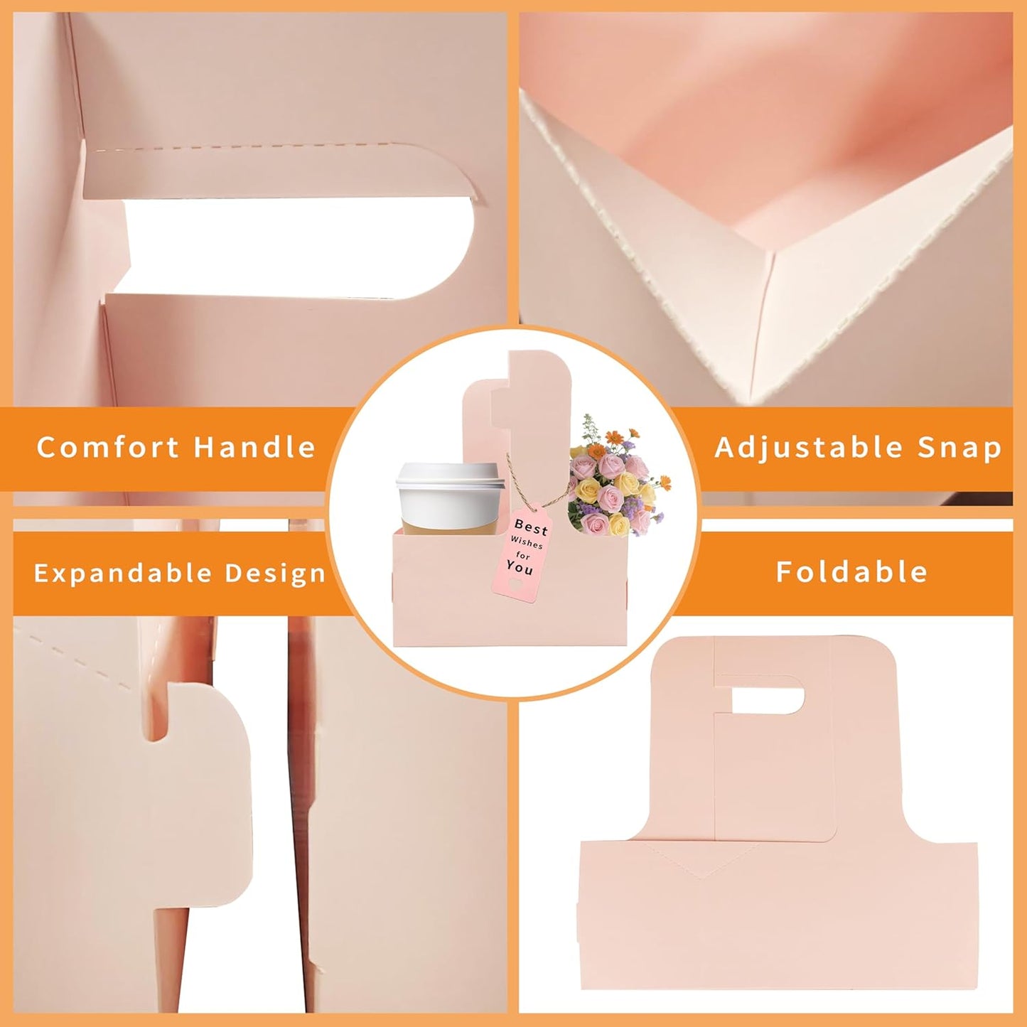 2 Cup Drink Carrier,16 Pack Coffee Cup Holders with Handle,Cardboard Cup Holders for Hot or Cold Drinks,Coffee Carrier with Ribbon and Card,Food Delivery Services and Bouquet(Pink)