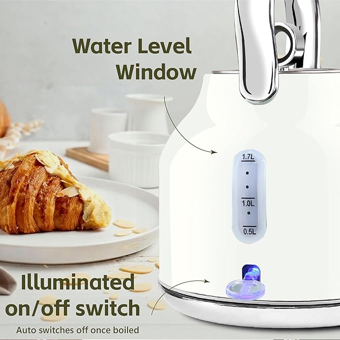 Electric Kettle – 1.7L Stainless Steel Kettle with Keep Warm Function, 1500W Fast Boil Kettle with LED Indicator, Auto Shut-off & Boil-Dry Protection Cordless Design, Rotational Base (White)