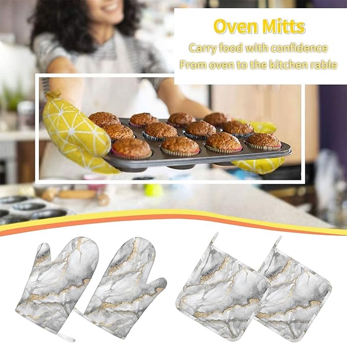 Marble Gold Gray Fashion Oven Mitts and Pot Holders Sets of 4, Heat Resistant Silicone Oven Mittens and Potholders Gloves Hot Pads for Kitchen Cooking Baking Grilling BBQ Chef