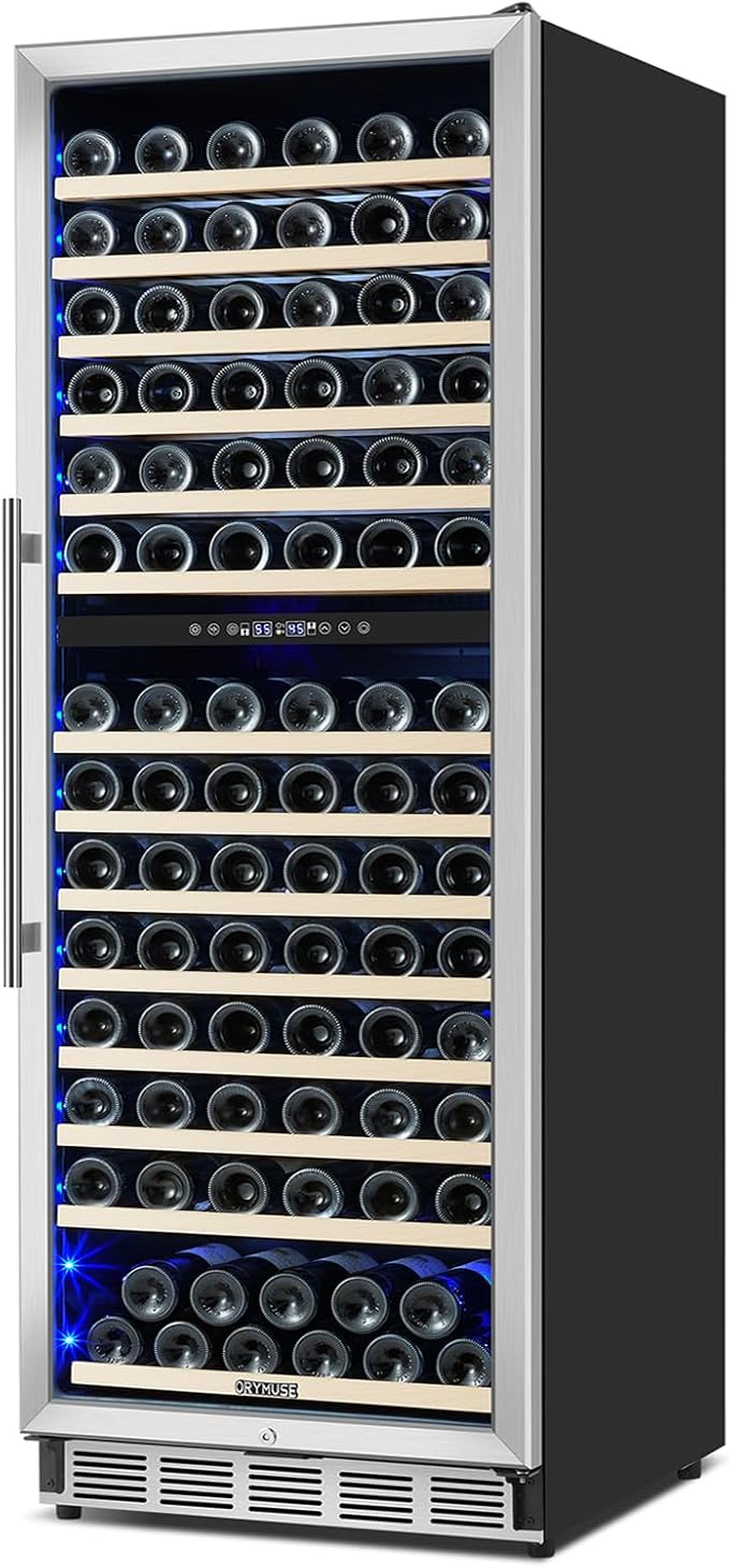 ORYMUSE Dual Zone Wine Fridge Freestanding 175 Bottle, 24 Inch Large Capacity Built-in Wine Cooler Refrigerator with Upgraded Compressor Cooling and Intelligent Temperature Memory