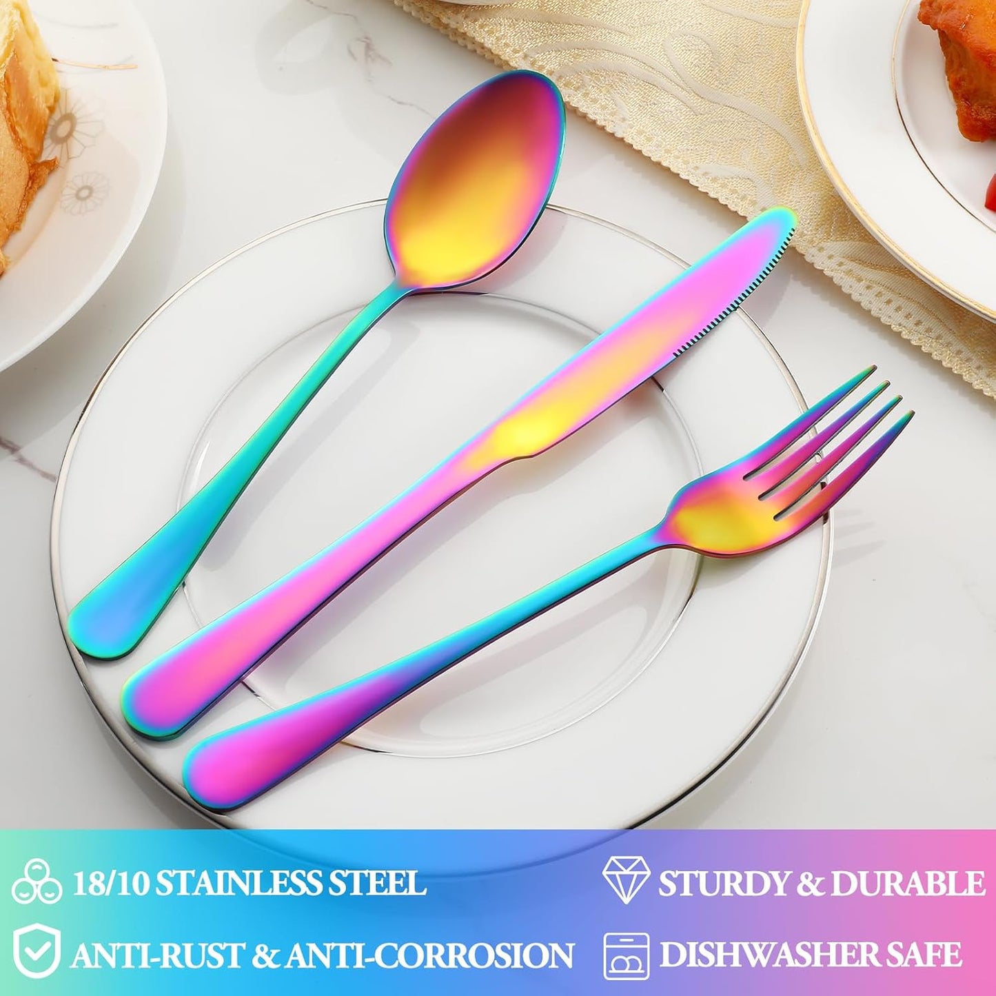 30 Pcs Rainbow Silverware Set Service for 6,Stainless Steel Flatware Serving Sets,Kitchen Tableware Set,Utensil Set for Home and Restaurant,Knives Forks Spoons Set,Mirror Polished,Dishwasher Safe