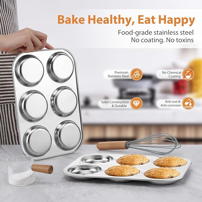 E-far Muffin Top Pan, Stainless Steel 6-Cavity Shallow Cupcake Pan for Baking Whoopie Pie, Yorkshire Pudding, Eggs, Cornbread, Drop Cookies, Non-toxic & Standard Size, Oven & Dishwasher Safe