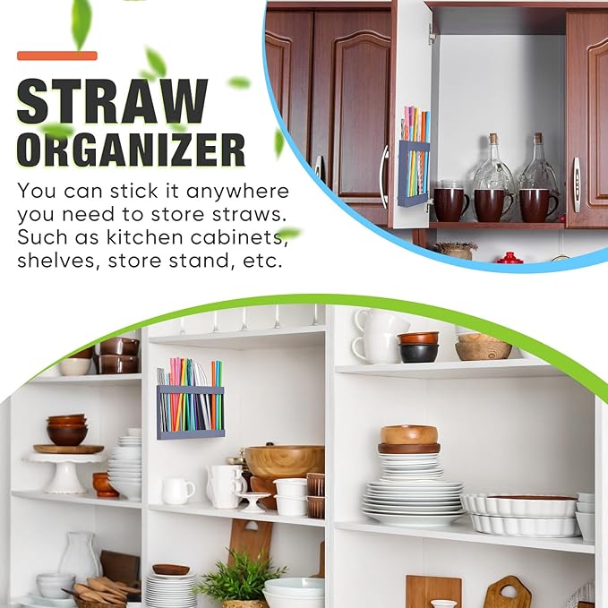 Qinyoung Acrylic Straw Holder for Cabinet Door with Double Sided Adhesive Tape Reusable Straw Organizer Tumbler Storage Kitchen Accessories Container for Counter Cupboard(Classic,Large,Grey)