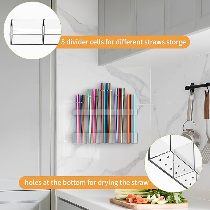 Straw Holder for Cabinet Door, Reusable Tumbler Straw Organizer Storage Container Mount for Kitchen Counter Cupboard Door (Transparent, 9.5inch)