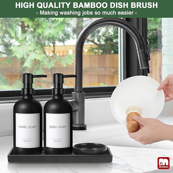 GMISUN Kitchen Soap Dispenser Set, 17 fl oz Dish Soap Dispenser with Ceramic Tray & Bamboo Brush for Kitchen, 2Pcs Matte Black Glass Hand and Dish Soap Dispenser Set, Refillable Soap Bottle Set
