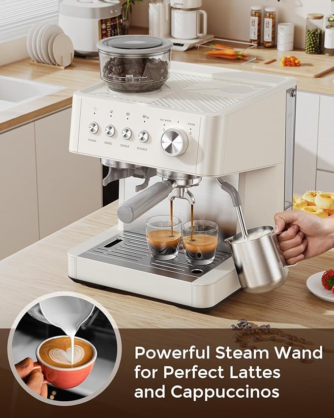 (2026 Upgrade) 20 Bar Espresso Machine with Built-in Anti-Clog Coffee Grinder, Expresso Coffee Machines with Milk Steam Wand/Frother/Tamping Tools,Espresso Maker with Grinder for Lattes-White