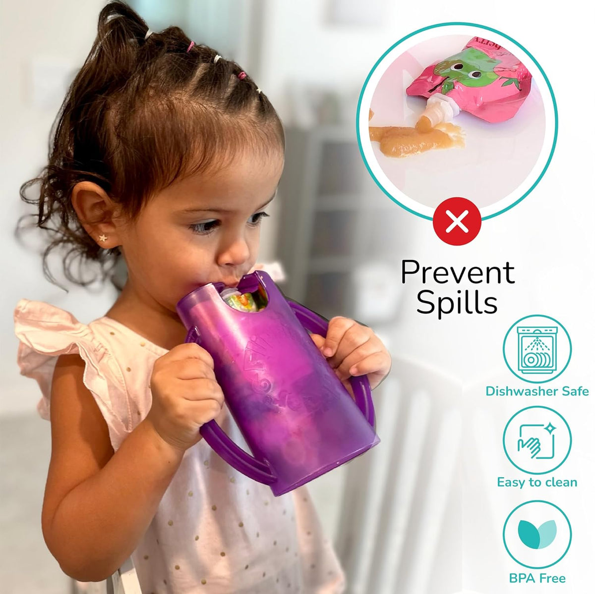 Original Squeeze Proof Flipping Holder with Open Bottom for Food Pouches & Juice Boxes - Multipurpose - Prevent Messes & Support Self-Feeding - Easy Grasping Handles - Made in USA