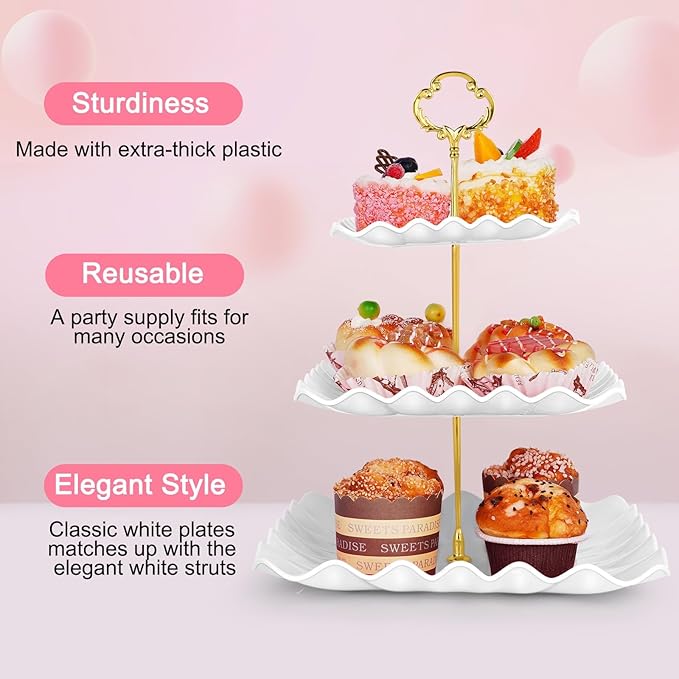 5 Pcs Dessert Display Stands, 2pcs Dessert Stands 3 Pcs Tray, Pink Dessert Display Stands, Treat Table Displays Set for Wedding Baby Shower Tea Party, Ease of Cleaning and Assembly