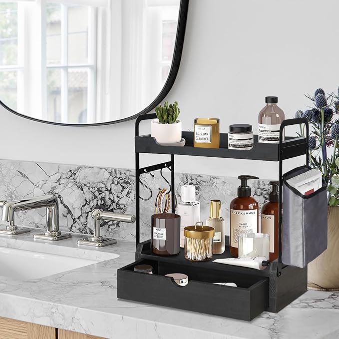 Coffee Bar Accessories and Organizer, 2-Tier Coffee Station Organizer, Wood Kitchen Countertop Organizer with Bag and Hooks, Coffee Pod Holder for Coffee Bar Decor, Syrup Snack Organizer