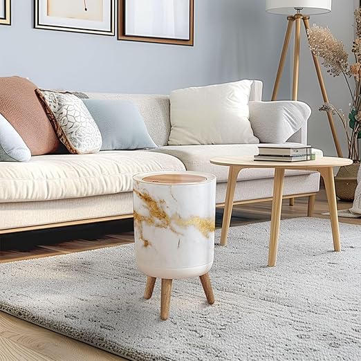 Trash Can with Lid White Gold Marble Texture Design Press Top Round Small Garbage Bin with Wooden Legs Waste Basket for Kitchen Bedroom Nursery 7L/1.8 Gallon