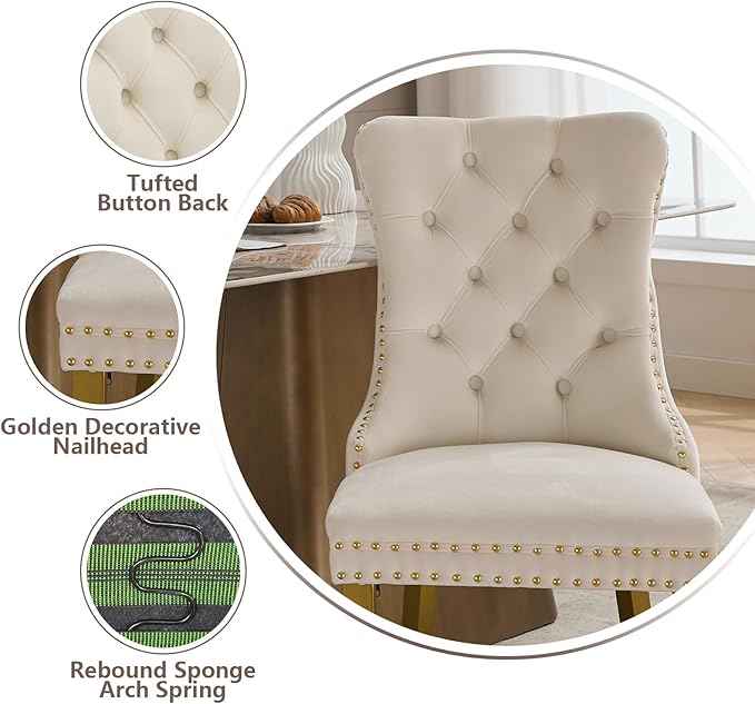 Velvet Dining Chairs Set of 6, Kitchen & Dining Room Chairs, Upholstered Dining Chairs with Back Ring Pull and Golden Solid Wood Legs, Modern Tufted Kitchen Chairs for Dining Room, Cream