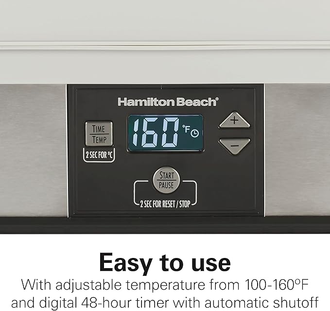 Hamilton Beach Digital Food Dehydrator for Fruit and Jerky, Vegetables and More, 5 Trays, Adjustable Temperature, 48 Hour Timer + Auto Shutoff, Grey (32100A)