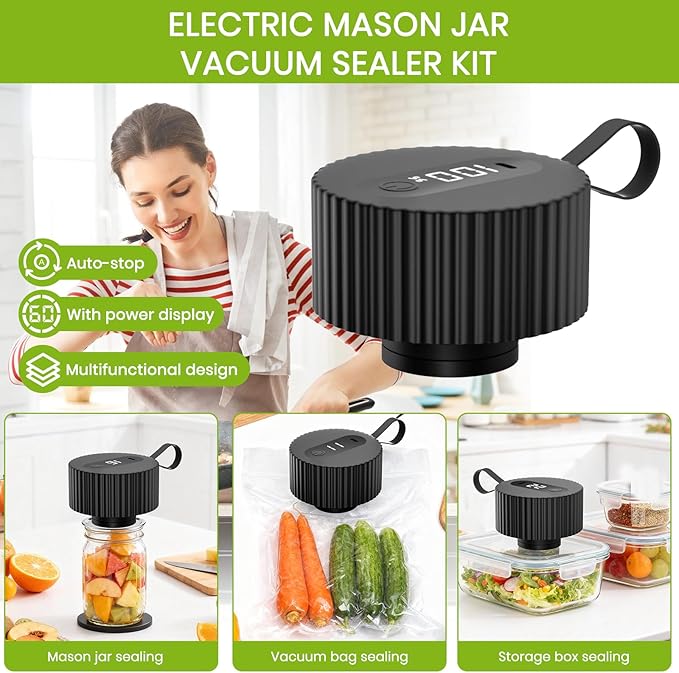 Electric Mason Jar Vacuum Sealer Kit, One-Touch Electric Sealing， for Wide-Mouth Regular-Mouth Mason Jars, Portable Vacuum Sealer for Jars, Gifts for Mom, Grandma(2026 Upgraded)