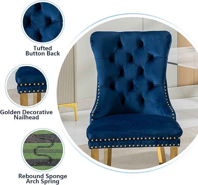 Blue Velvet Dining Chairs Set of 4, Dining Room Chairs Set of 4, Tufted Upholstered Dining Room Chair, Back Ring Pull Trim, Golden Stainless Steel Legs, Blue