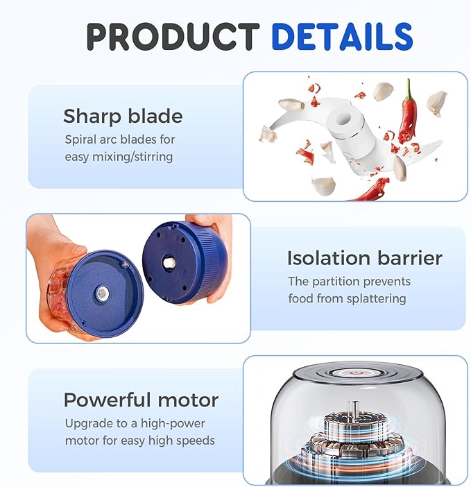 Electric Garlic Chopper, Mini Portable Veggie Chopper Garlic Grinder Onion Choppers, Wireless Electric Food Chopper Tool for Mashing Onion, Garlic, Chili, Ginger (Light Green + Blue)