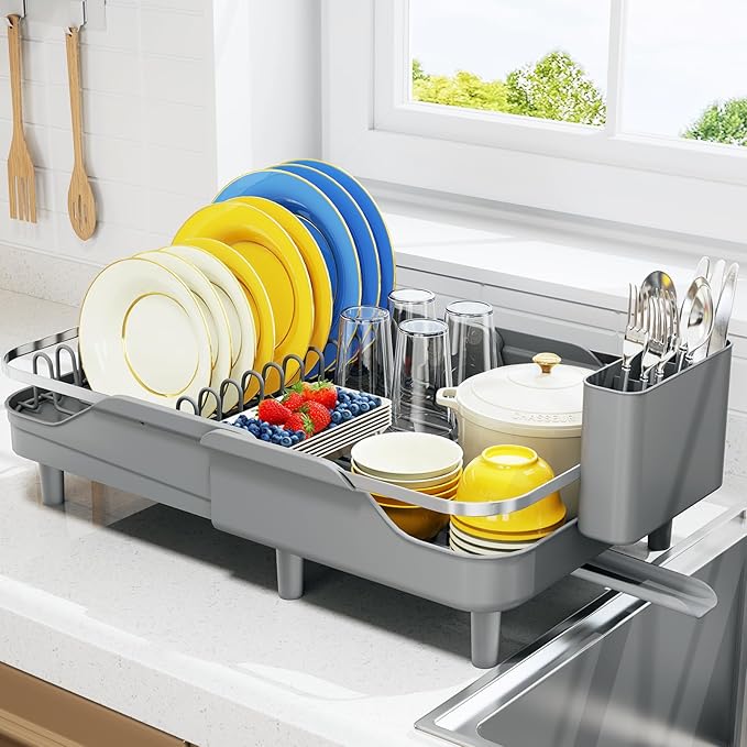 Urackify Expandable Dish Rack for Kitchen Counter, 16.14"-23.62" Large Stainless Steel Dish Drying Rack with Adjustable Water Spout, Space Saving Dish Drainer with Auto Draining Cutlery Holder,Grey