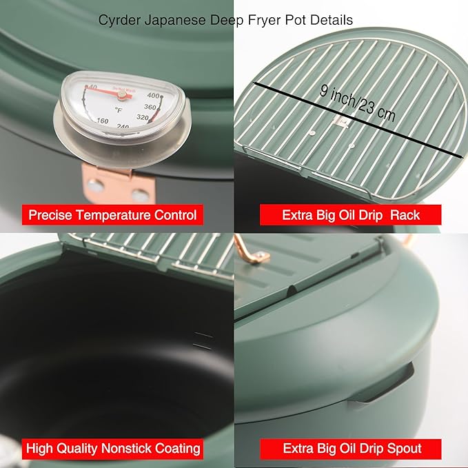 Deep Fryer Pot, 4.3L/11 Inch Japanese Tempura Frying Pot with Fahrenheit Thermometer, Nonstick Carbon Steel Oil Fryer, for Tempura/Frech/Fish/Chicken Fries, Easy Clean, Green