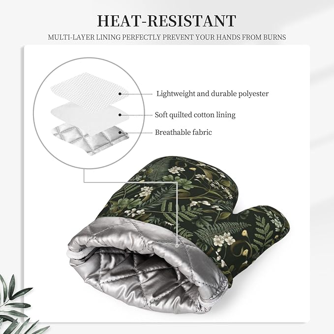 Botanical Oven Mitts and Pot Holders Sets Silicone White Flowers Berries and Leaves Kitchen Oven Mitts Hot Pads Heat Resistant Potholders Kitchen Mitts Set for Baking BBQ Cooking