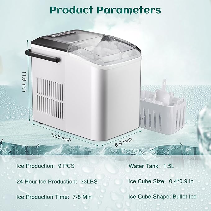 Maine Bullet Ice Maker, Counter Top Ice Maker with Portable Carrying Handle, 33 lb/24H Portable Ice Maker Suitable for Home, Office, Kitchen, RV, 9 Cubes Ready in 7-8 Mins
