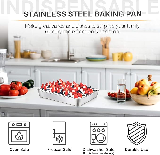 E-far Stainless Steel Baking Pan with Lid, 12⅓ x 9¾ x 2 Inch Rectangle Sheet Cake Pans with Covers Bakeware for Cakes Brownies Casseroles, Non-toxic & Healthy, Heavy Duty & Dishwasher Safe