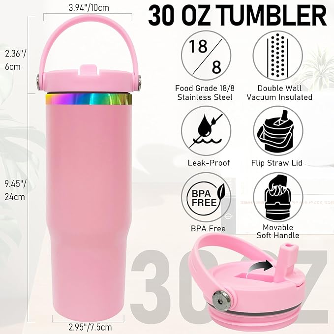 30 oz Tumbler with Handle and Straw, Vacuum Insulated Tumblers with Flip Straw and Top Handle, Leakproof Powder Coated Tumbler, Stainless Steel Travel Mug for Coffee Water((Pink)