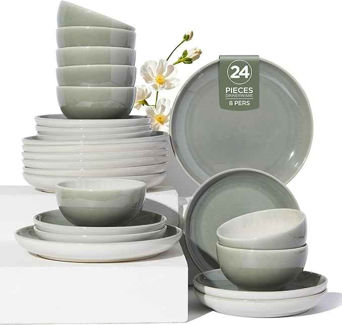 Plates and Bowls Sets for 8, 24 Piece Dinnerware Set for Large Families & Entertaining, Elegant Design, Dishwasher & Microwave Safe, Chip Resistant and Durable, Gray Green