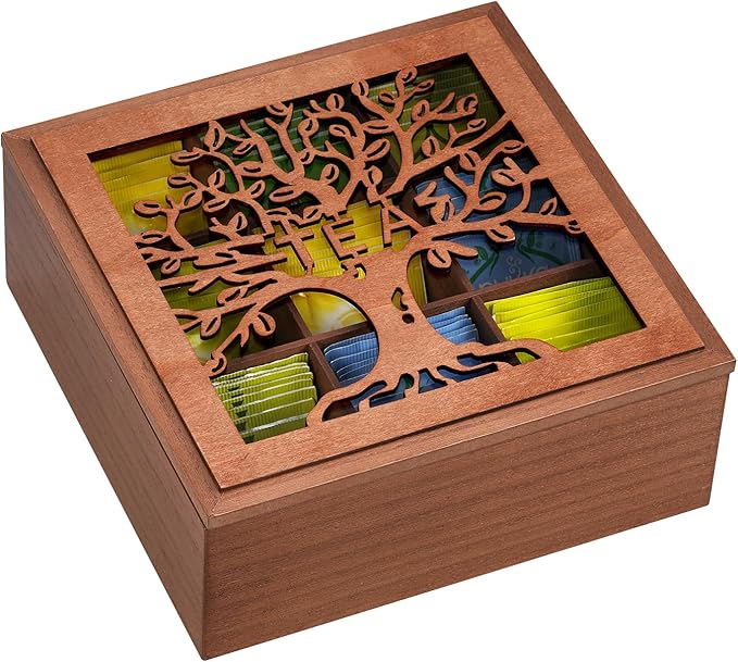 handrong Wood Tea Box Organizer,Tea Organizers and Storage with Tree Pattern,Tea Bag Holder,Decorative Tea Storage Organizer Box,9 Compartments Tea Organizer for Tea Bags Coffee