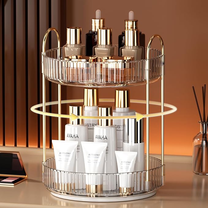 YCIA&DONE Rotating Makeup Organizer and Square Rotating Makeup Organizer White 2 Tier
