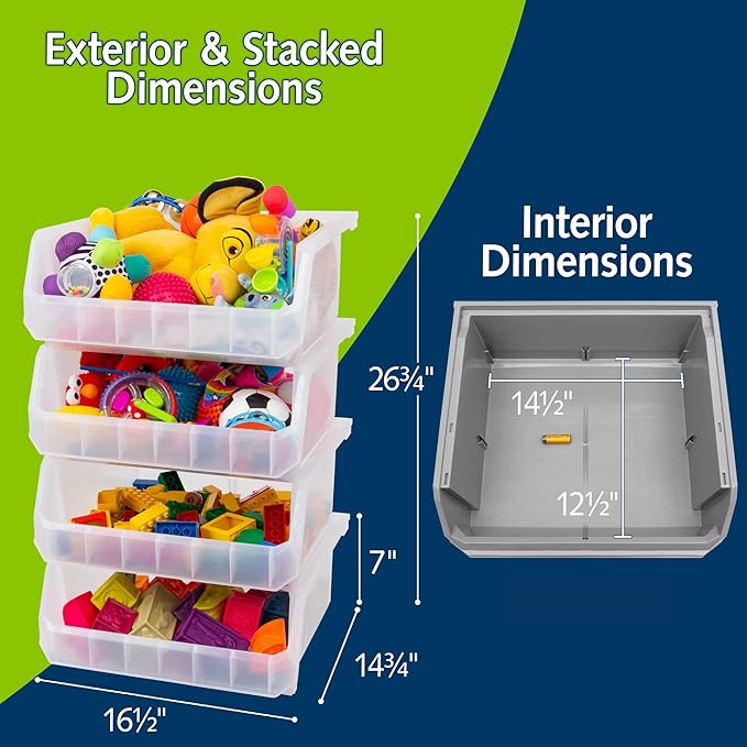 Plastic Containers for Organizing and Storage Bins for Closet, Kitchen, Office, Garage or Pantry Organization, Stackable Bins, Extra Large (14.8" x 16.5" x 7"), 4-Pack, Clear