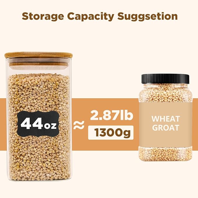 SHOWIN Glass Food Storage Jars Square 44oz, 3 Pack Glass Jars With Bamboo Lids, Kitchen Storage Containers For Spice, Candy, Cookie, Storage For Pantry Organizers