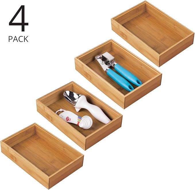 mDesign Bamboo Kitchen Cabinet Drawer Organizer Stackable Tray Bin - Eco-Friendly, Multipurpose - Use in Drawers, on Countertops, Shelves or in Pantry - 9" Long, 4 Pack - Natural Wood Finish
