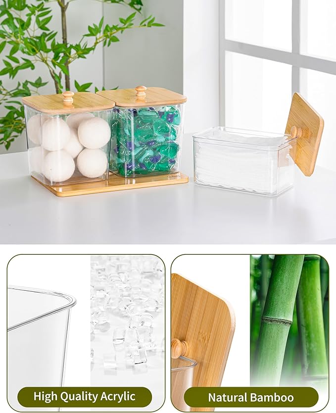 Trash Bag Dispenser Dryer Sheet Holder - 5 in 1 Plastic Garbage Bag Pantry Organizers and Storage, Clear Dishwasher Laundry Pods Container with Bamboo Lid, Under Sink Organizer Powder Detergent Jars