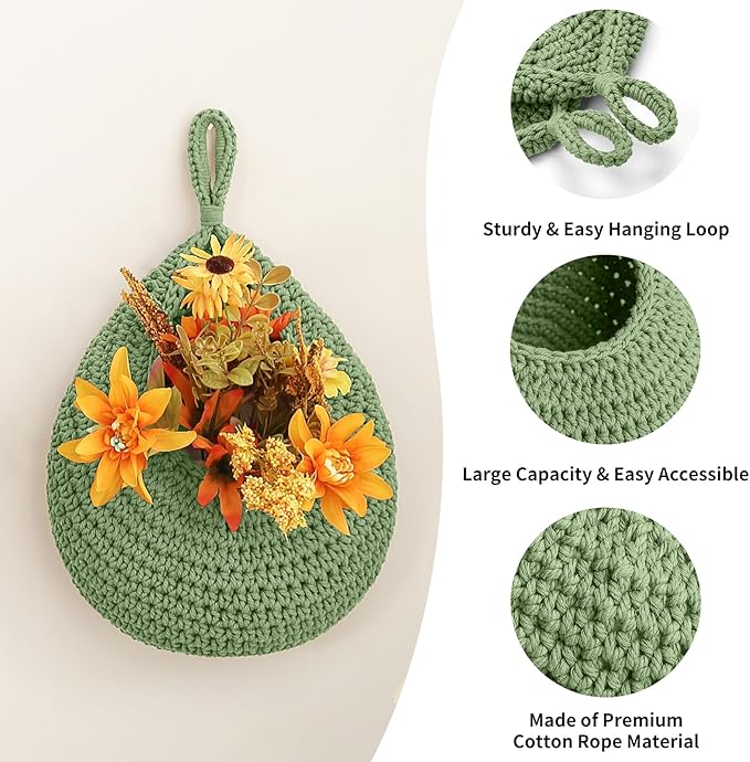 Boho Wall Hanging Fruit Baskets for Kitchen 3 Pack Woven Produce Holder with 6 Pcs Strong Hooks Vegetable Hanging Basket for Organizing Teardrop Home Wall Potato Onion Storage, Green
