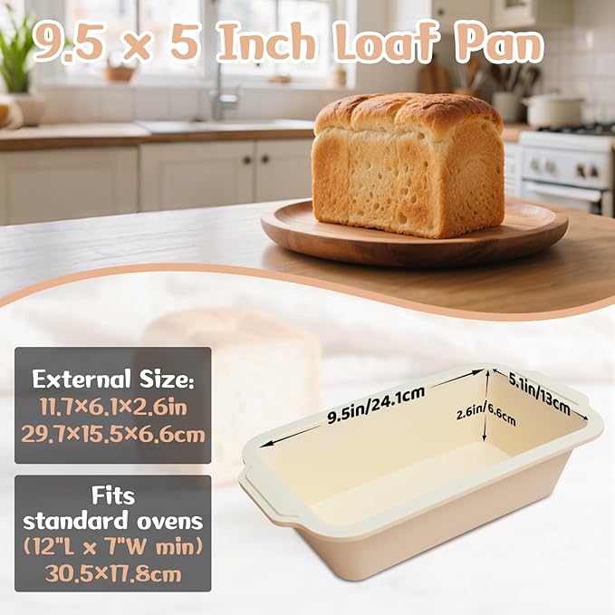 Nonstick Silicone Bread Loaf Pan: 9.5 x 5 Inch Bread Pan for Homemade Rye with Metal Frame - Loaf Mold for Baking Oven - Housewife Baker Home Baking Enthusiasts (Beige & Mint Green)