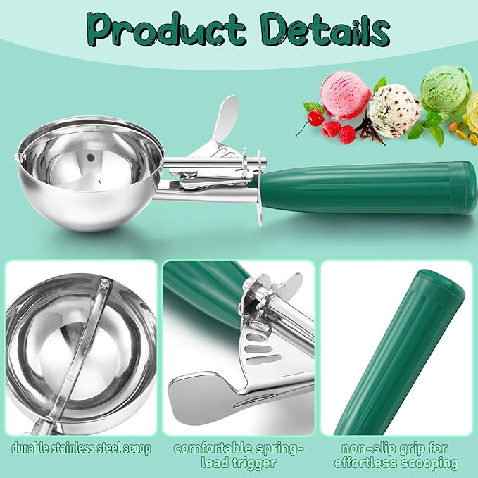 Reallnaive 2 Pcs Release Cookie Scoops Ice Cream Scooper with Trigger Release Portion Scoop Stainless Steel for Portion Control, Baking Food, Cookie Dough (3.25 oz,Green)