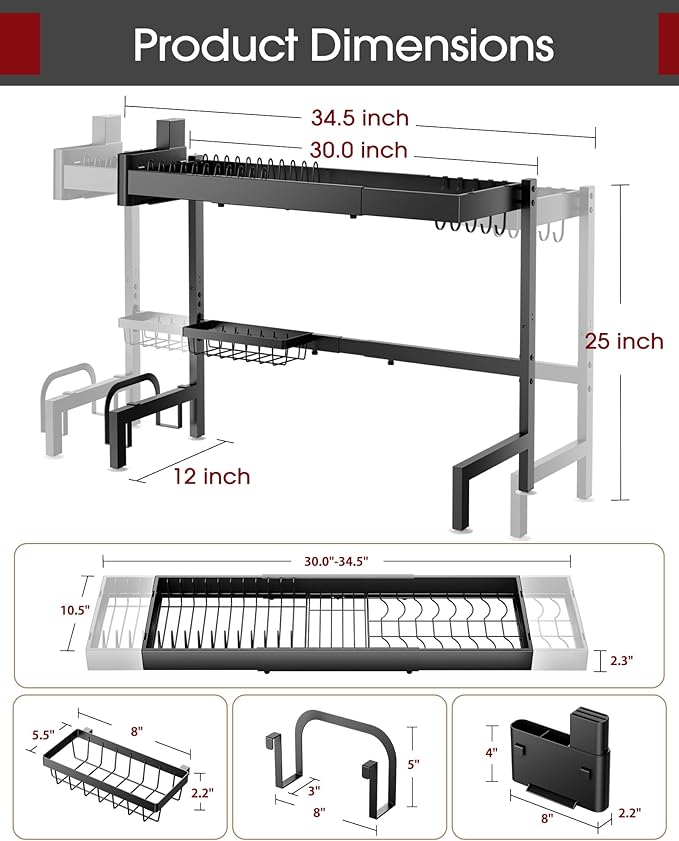 Sakugi Over The Sink Dish Drying Rack, Expandable 2-Tier Stainless Steel Kitchen Storage Organization Accessories for Countertop, Rustproof & Space-Saving, 30"–34.5" L x 12" W x 25" H, Black