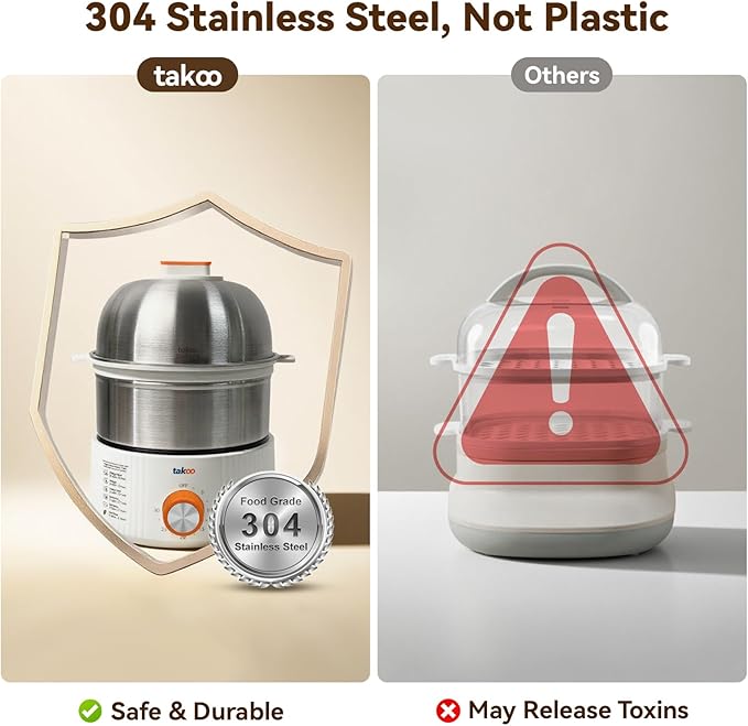 TAKOO 3-in-1 Electric Egg Cooker for Hard Boiled Eggs Poacher, Omelet Maker & Vegetable Steamer, Holds 14