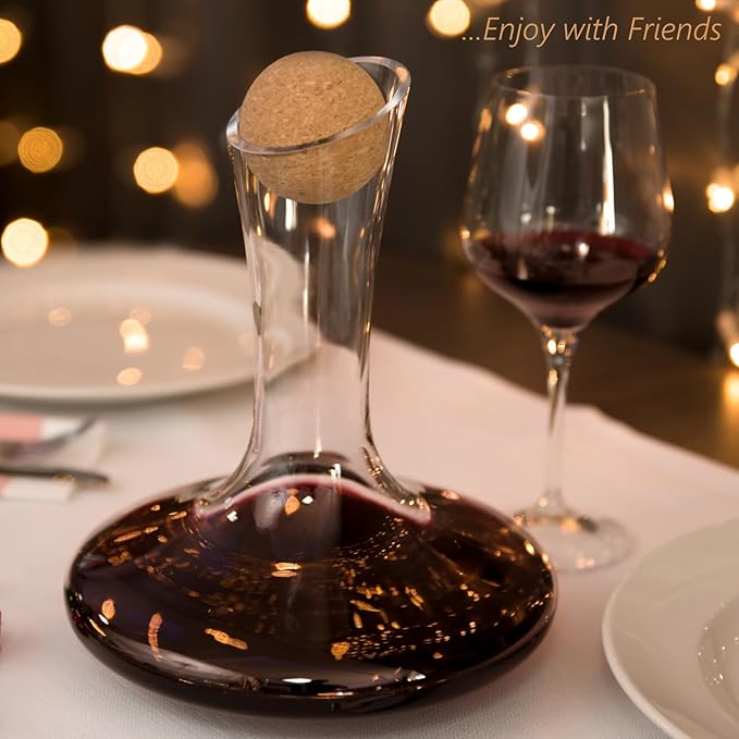 Wine Decanter & Accessories (Cork Stopper + Cleaning Beads) - 100% Lead-Free Crystal Wine Carafe – Unique Gift Idea