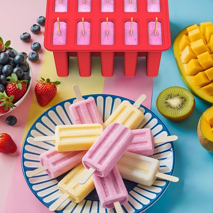 Miaowoof Homemade Popsicle Molds, 10-Cav Non-BPA Silicone Ice Pop Maker, with 50 Sticks, 50 Bags, 10 Reusable Sticks, Funnel, Brush and Ice Pop Recipe (Red+Bin)