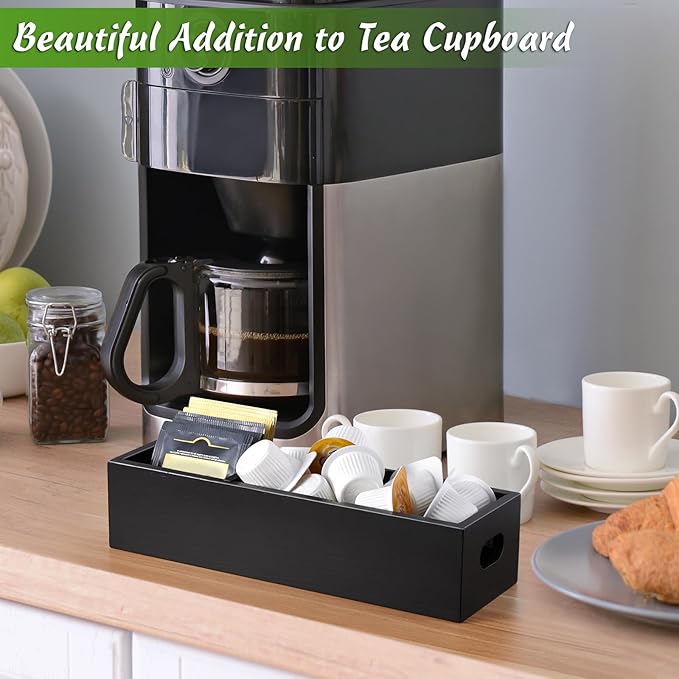 DRASTAR Tea Bag Organizer, Black Wooden Tea Bag Holder, Tea Storage Containers with 3 Slots, Sugar Packet Holder, Tea Bag Caddy Box for Countertop