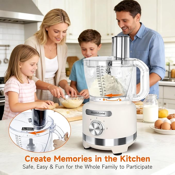 Homtone 16-Cup Food Processor, Heavy-Duty 9-Function Vegtable Chopper with 7 Blades & 3 Speeds for Dough Kneading, Meat Chopping, Slicing, Shredding & French Fry Cutting, Dishwasher Safe, White